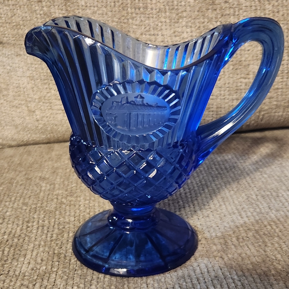 Vintage Avon Fostoria Cobalt Blue Glass Pitcher with a Mount Vernon design